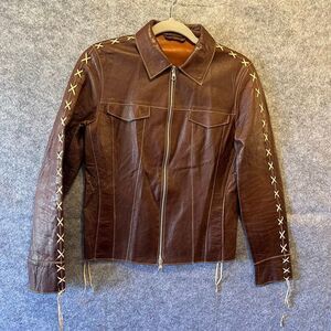 BERETTA Vtg Italian Leather Jacket Women’s 42 Brown Western Lace Up Moto Boho